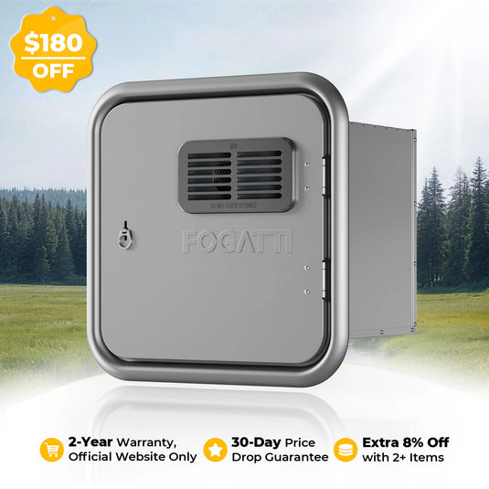 Fogatti InstaShower Ultra, 66,000 BTU, 0.5-3.9 GPM Propane RV Tankless Water Heater with Gray Door & Mixing Tank (Supreme Series)Gray 4/6 Gallon Door 15''x15''-Square