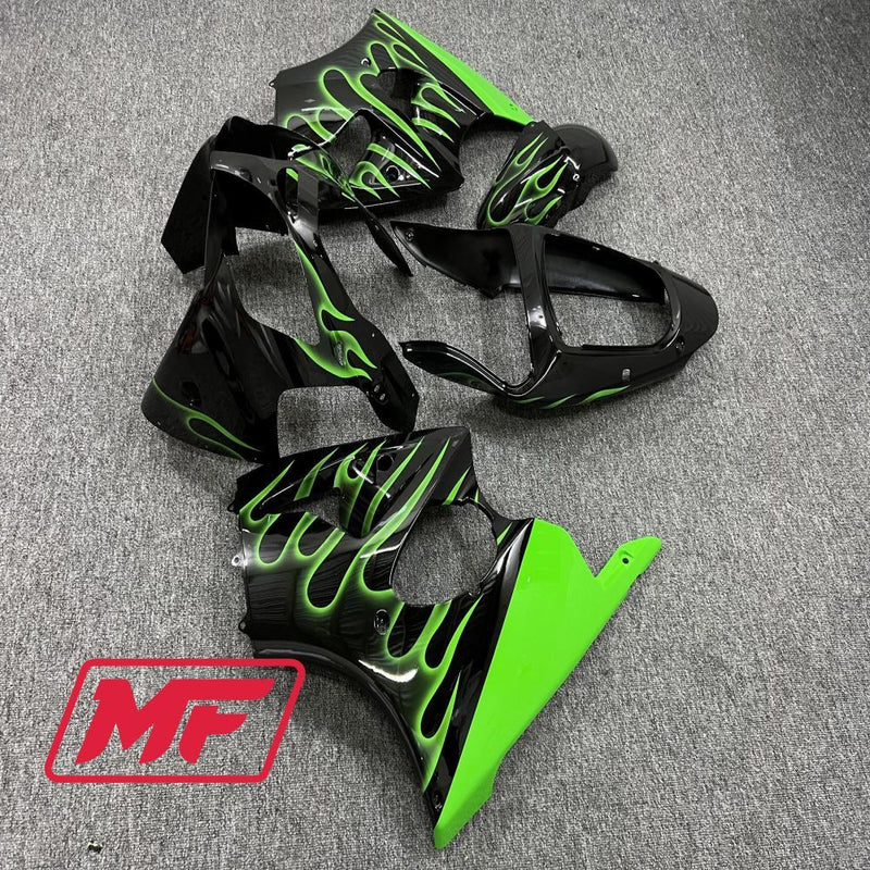 Load image into Gallery viewer, Monster Fairings Full Kit Kawasaki ZX-6R 00-02 Gloss Flame Green and Black + Windshield + Gas Tank Cover
