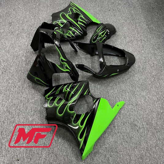 Monster Fairings Full Kit Kawasaki ZX-6R 00-02 Gloss Flame Green and Black + Windshield + Gas Tank Cover