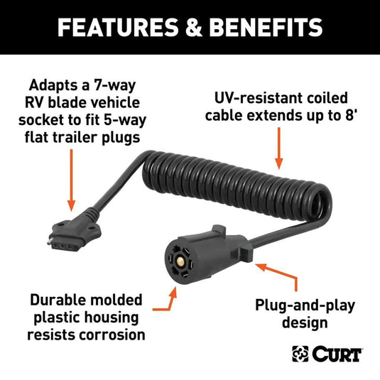 7-Way RV Blade Style Vehicle to 5-Way Flat Trailer, 8 ft. Long Harness