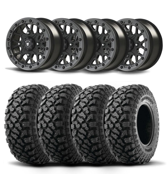 Set of Four Bullite Rider Wheels 14" Gray And Kenda K3204R Klever XT Tires [28x10R-14]