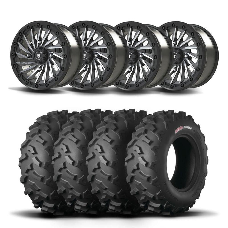 Load image into Gallery viewer, Set of Four Bullite Blade Wheels 14&quot; Gray And Kenda K3203 Mastodon AT Tires [28x9R-14]

