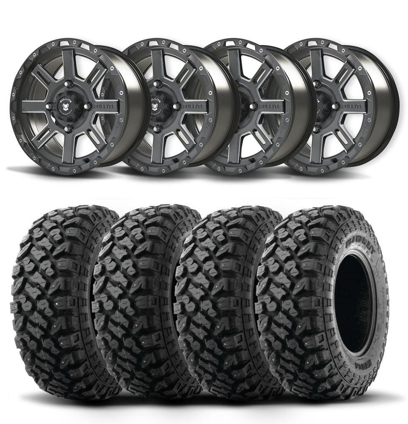Load image into Gallery viewer, Set of Four Bullite Lancer Wheels 14&quot; Black And Kenda K3204R Klever XT Tires [28x10R-14]
