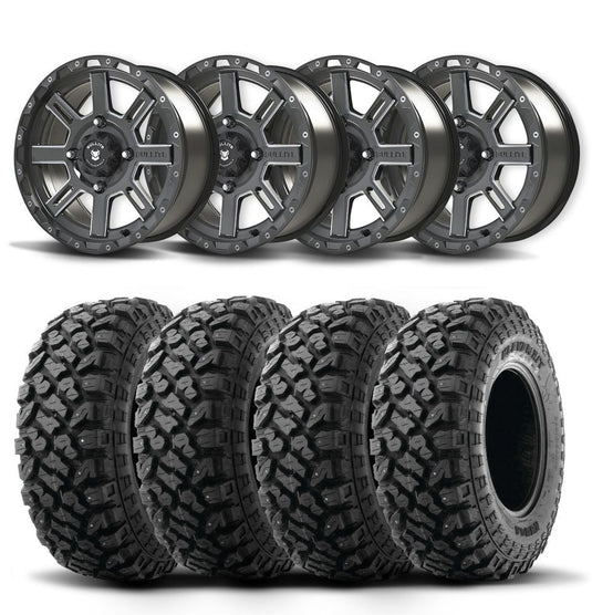 Set of Four Bullite Lancer Wheels 14" Black And Kenda K3204R Klever XT Tires [28x10R-14]