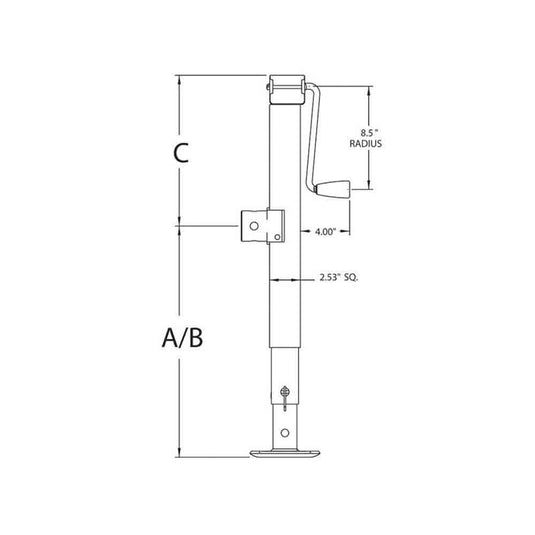 Square Trailer Jack, Side Mount, 8,000 lbs. Support Capacity, Sidewind, Weld-On, 15 Inch Travel