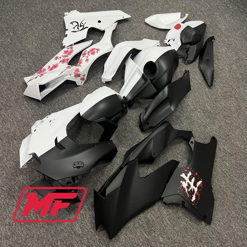 Load image into Gallery viewer, Monster Fairings Full Kit Kawasaki ZX-10R 21-25 Black And White Split Cherry Blossom + Windshield + Gas Tank Cover
