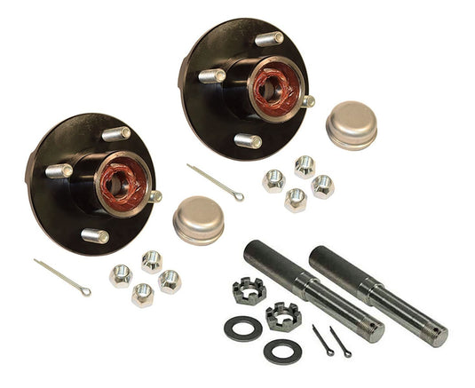 Pair of Pre Greased 4-Bolt On 4 Inch Hub Assembly - Includes (2) 1 Inch Straight Spindles & Bearings