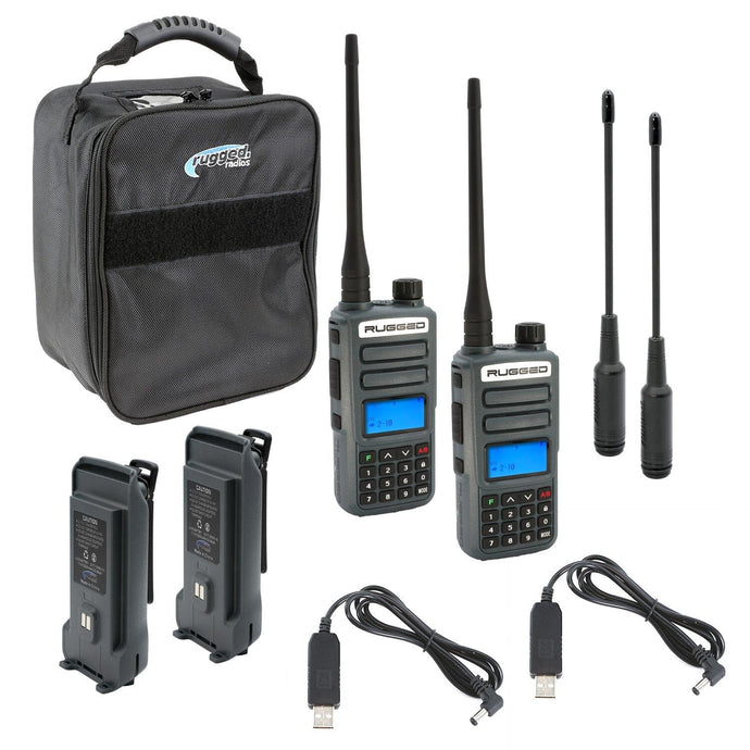 Rugged Radios ADVENTURE PACK - 2 PACK - GMR2 PLUS GMRS and FRS Two Way Handheld Radios with XL Batteries and Long Range Antennas - Grey RUGGED-ADVENTURE-PACK